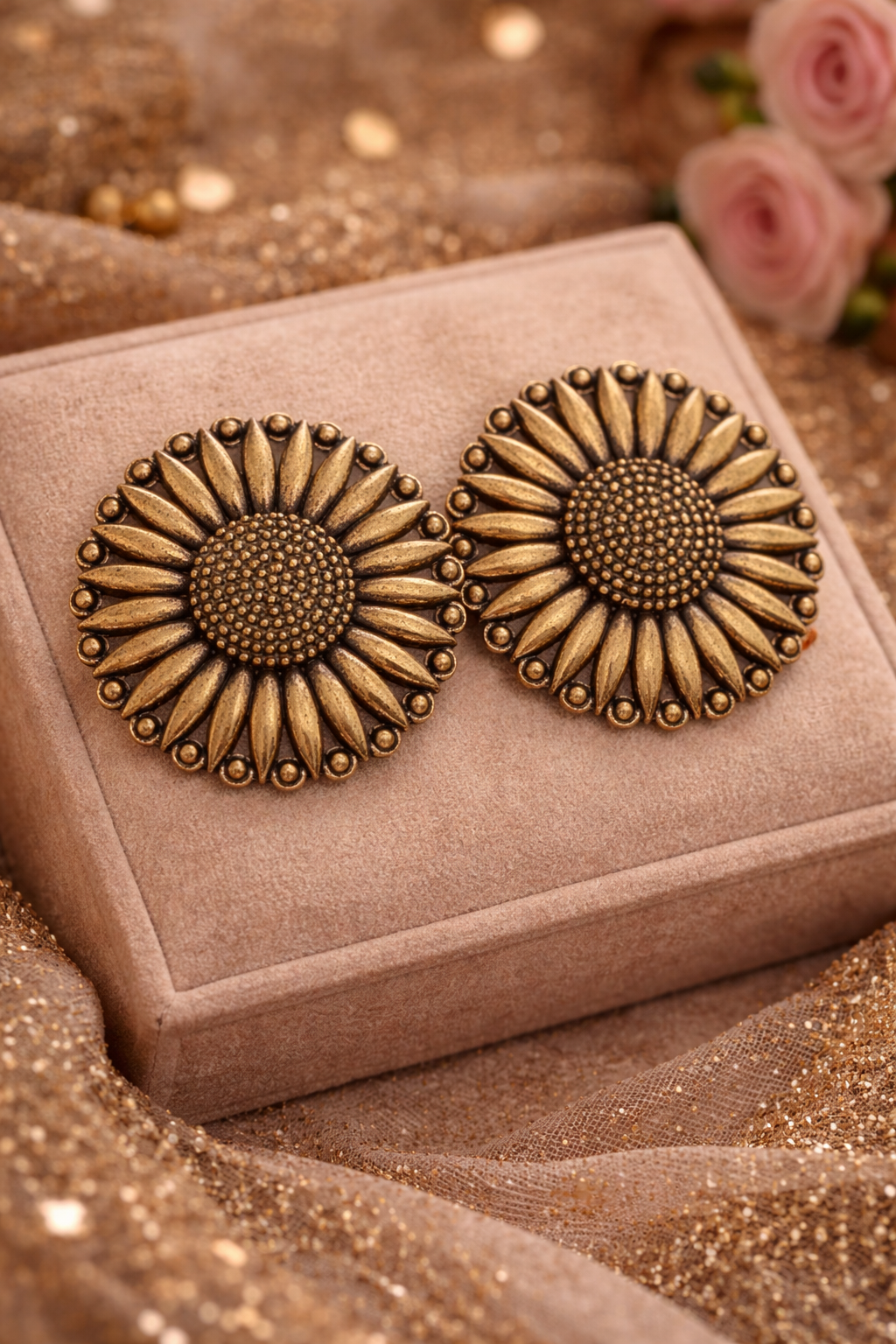 Oxidised Sunflower Stud Earrings for Women Floral Design Earrings