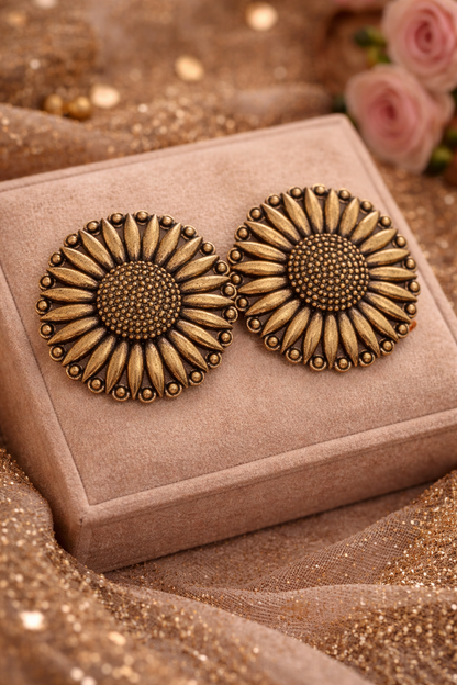 Oxidised Sunflower Stud Earrings for Women Floral Design Earrings