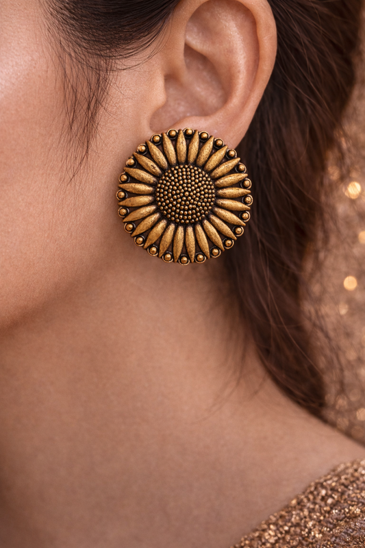 Oxidised Sunflower Stud Earrings for Women Floral Design Earrings