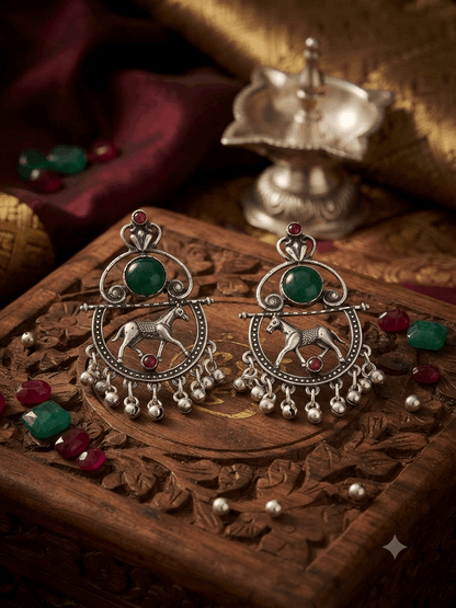 Oxidised Silver Horse Motif Green Stone Ghungroo Drop Earrings for Women