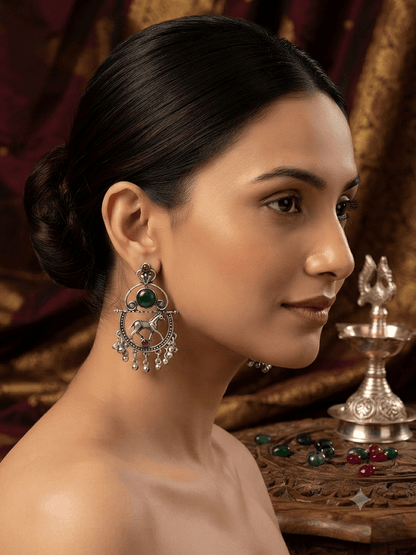 Oxidised Silver Horse Motif Green Stone Ghungroo Drop Earrings for Women