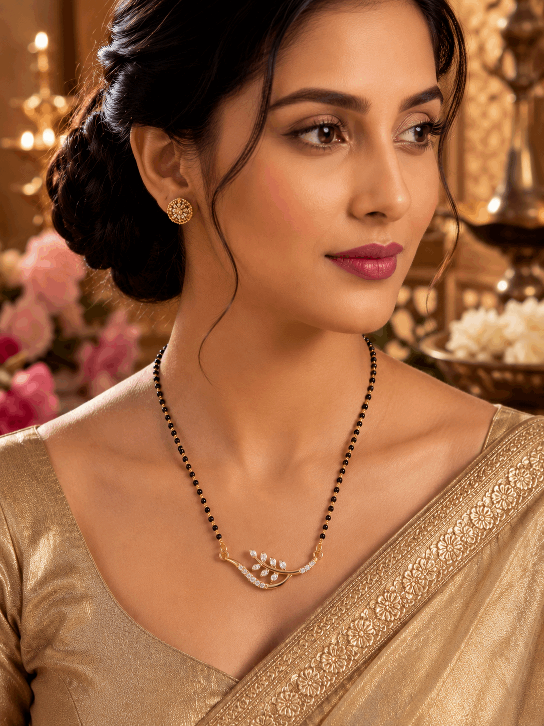 Gold Tone Leaf Design AD Stone Mangalsutra for Women | Black Beads Elegant Mangalsutra