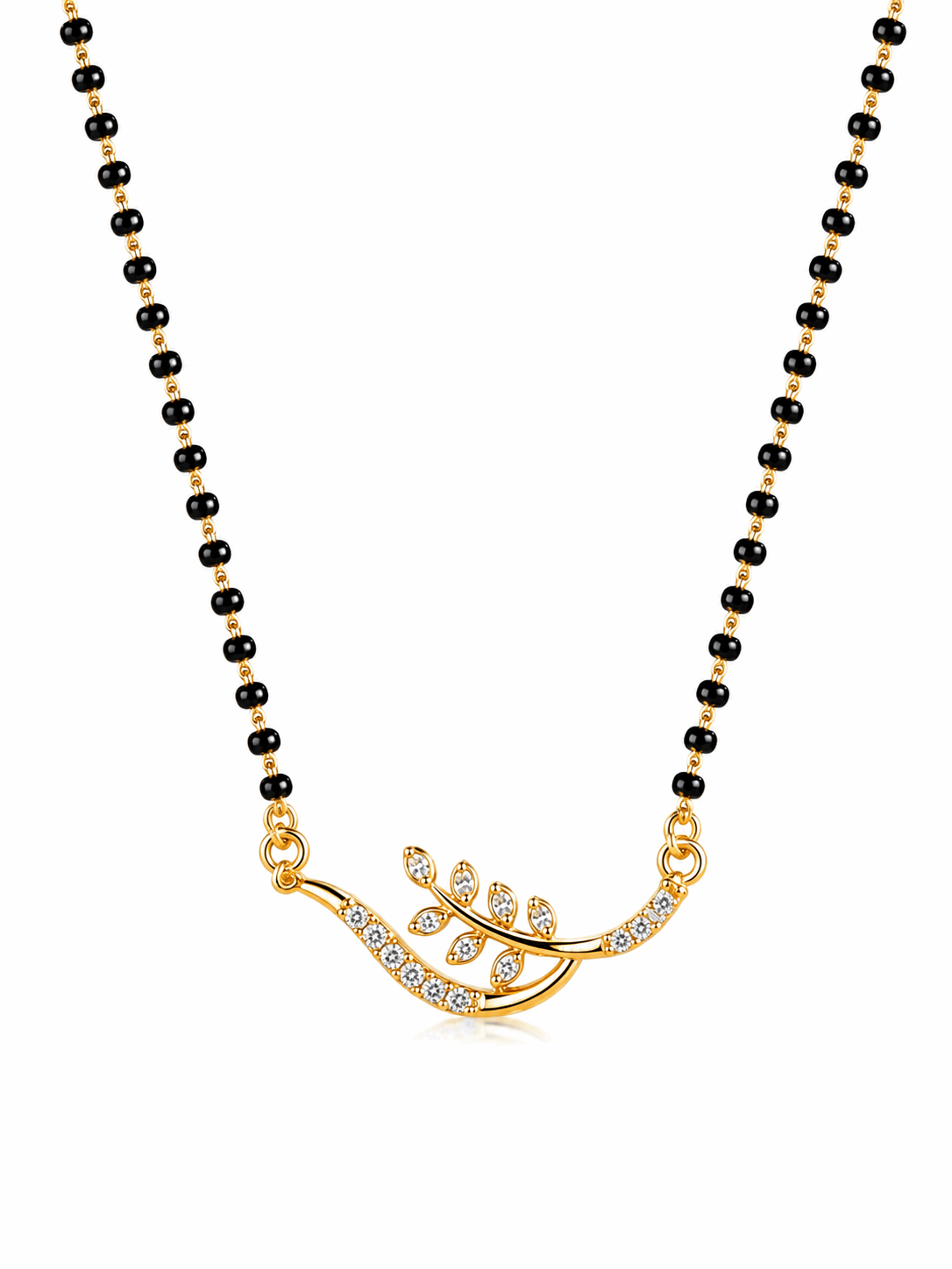 Gold Tone Leaf Design AD Stone Mangalsutra for Women | Black Beads Elegant Mangalsutra
