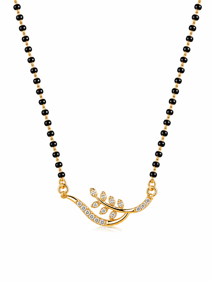 Gold Tone Leaf Design AD Stone Mangalsutra for Women | Black Beads Elegant Mangalsutra