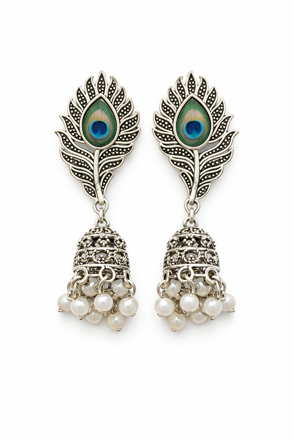 Peacock Feather Jhumka Earrings for Women Oxidised Pearl Earrings