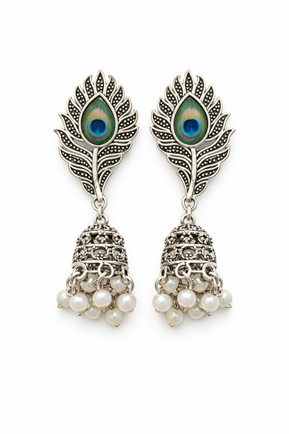 Peacock Feather Jhumka Earrings for Women Oxidised Pearl Earrings
