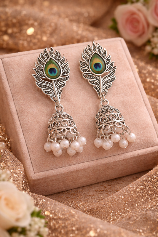Peacock Feather Jhumka Earrings for Women Oxidised Pearl Earrings