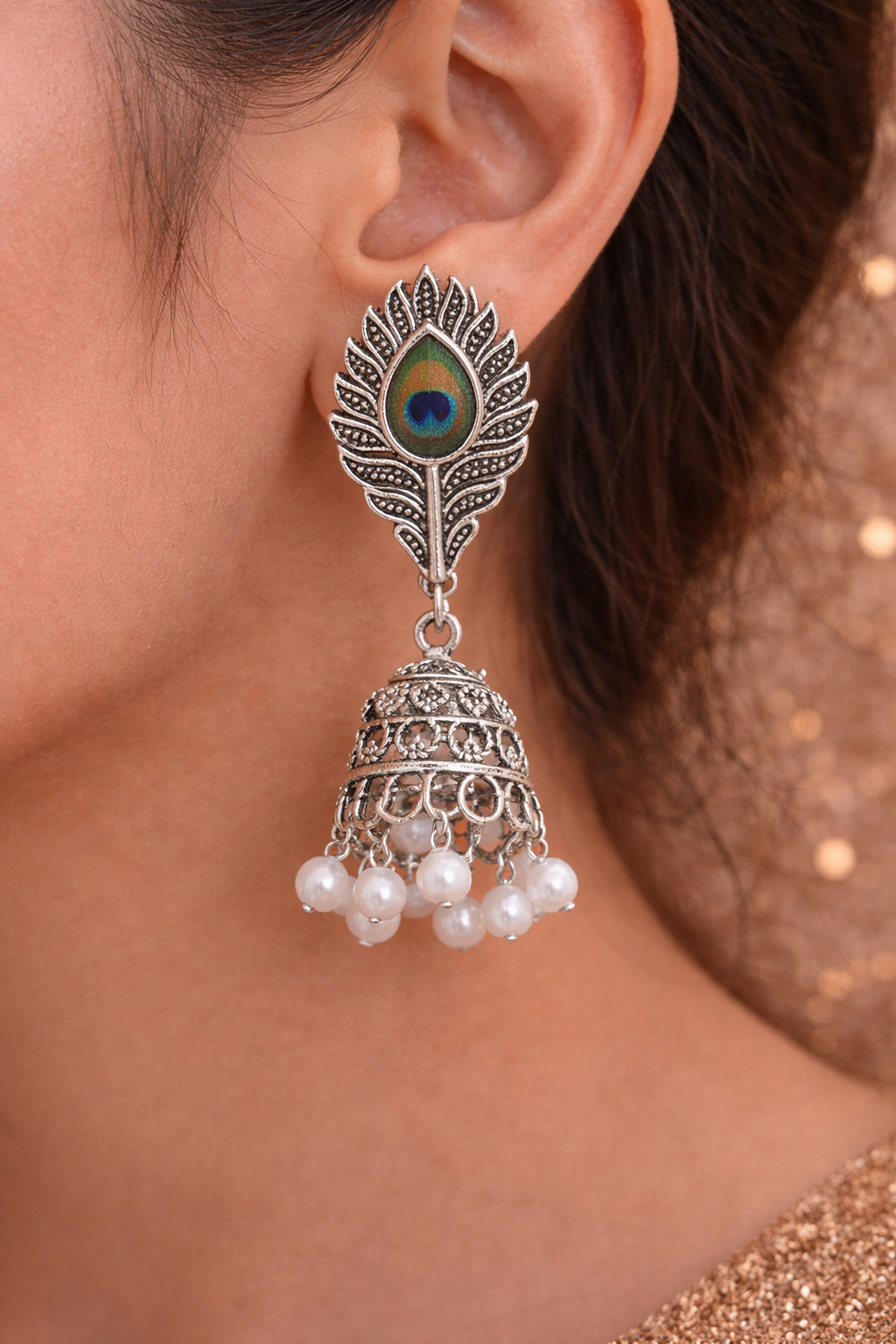 Peacock Feather Jhumka Earrings for Women Oxidised Pearl Earrings