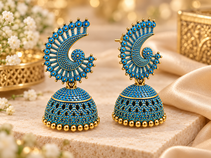 Turquoise Blue & Gold Peacock Spiral Jhumka Earrings for Women