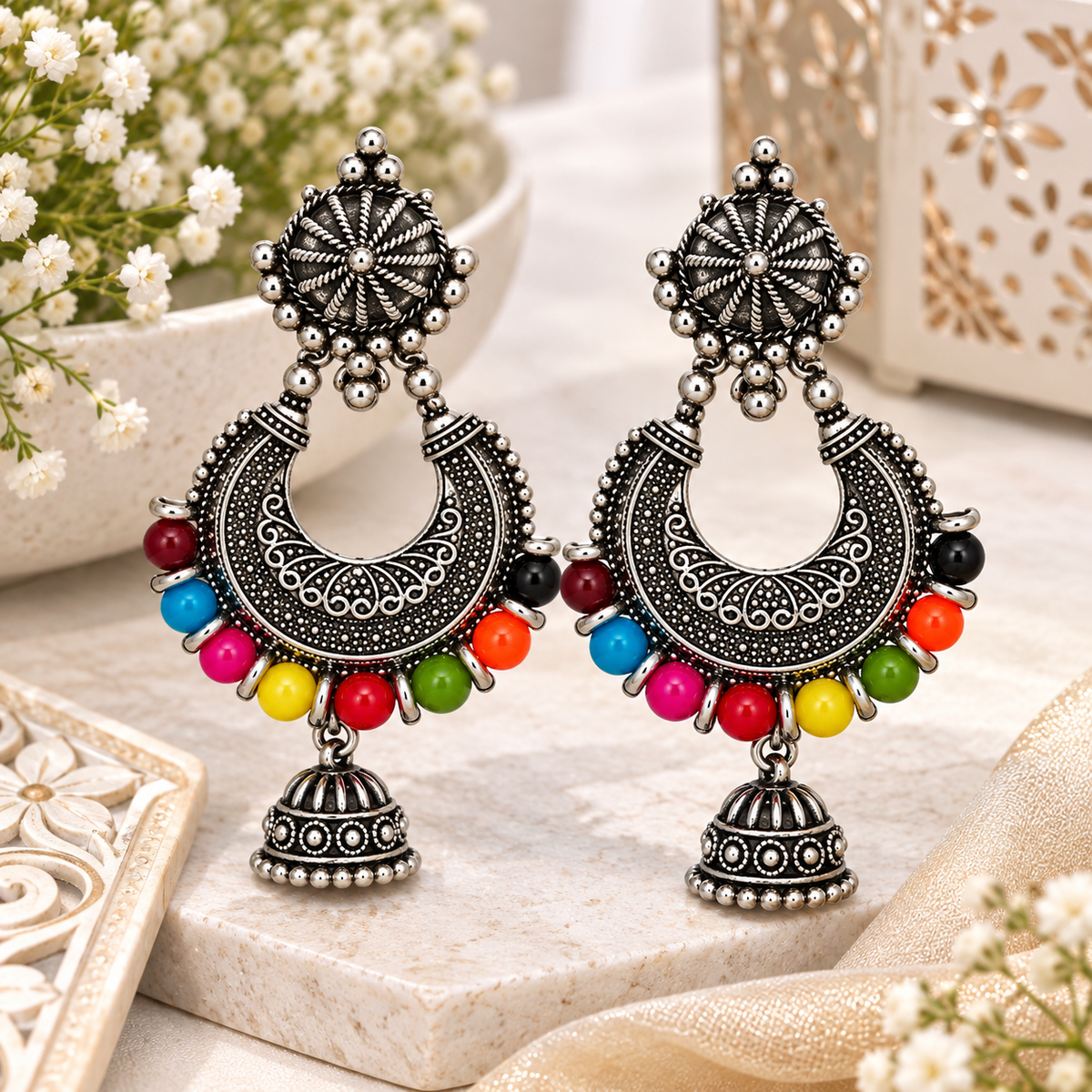 Oxidised Silver Multicolor Beaded Chandbali Jhumka Earrings for Women