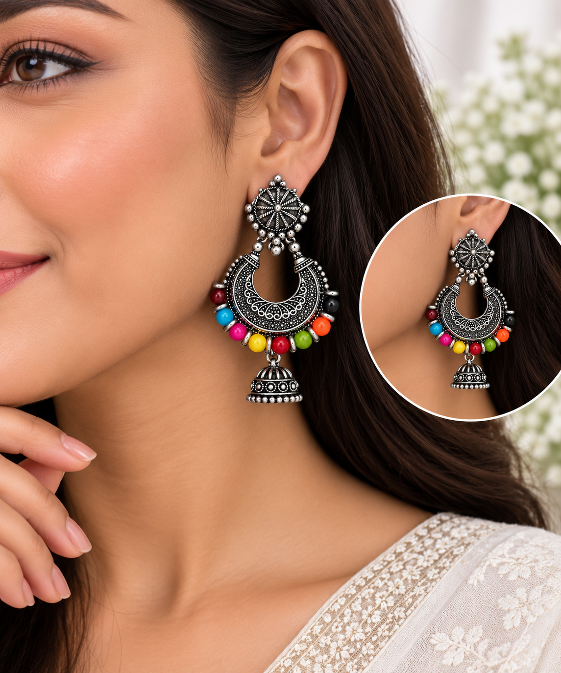Oxidised Silver Multicolor Beaded Chandbali Jhumka Earrings for Women