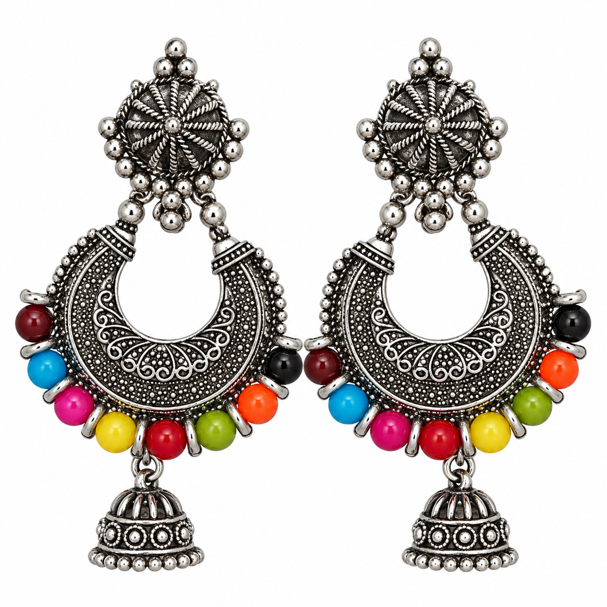 Oxidised Silver Multicolor Beaded Chandbali Jhumka Earrings for Women