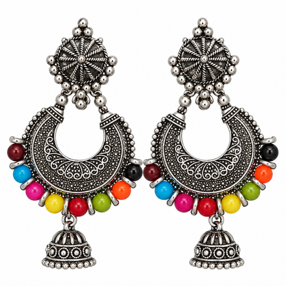 Oxidised Silver Multicolor Beaded Chandbali Jhumka Earrings for Women