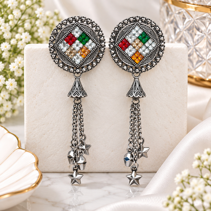 Oxidised Silver Multicolor Mosaic Chain Tassel Earrings with Star Charms for Women