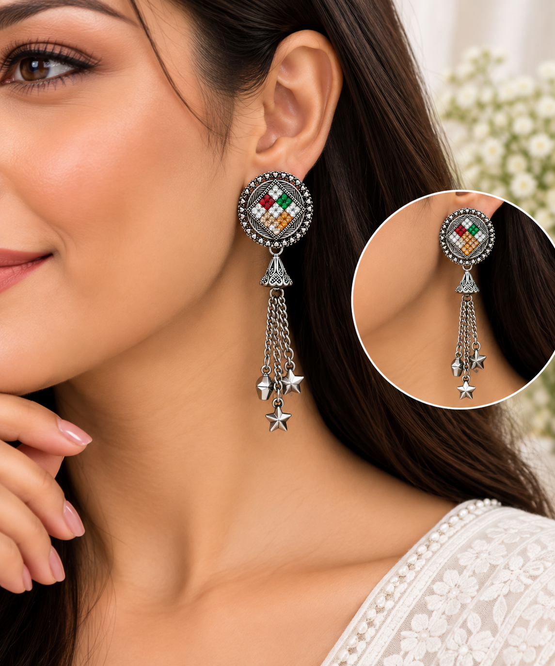 Oxidised Silver Multicolor Mosaic Chain Tassel Earrings with Star Charms for Women