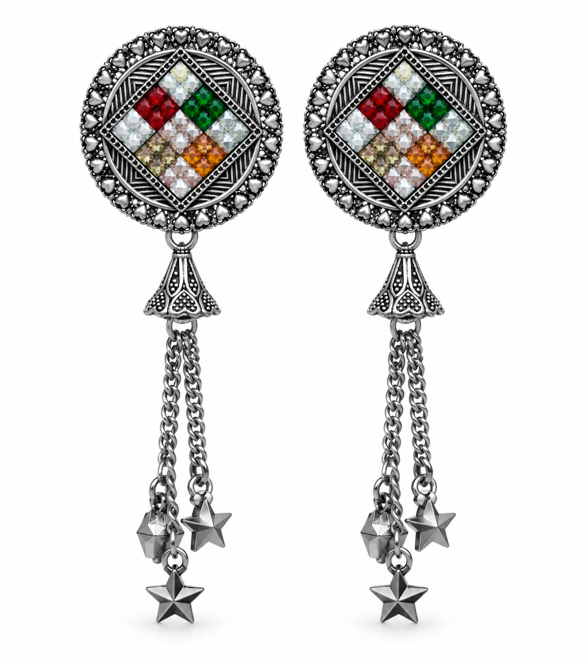 Oxidised Silver Multicolor Mosaic Chain Tassel Earrings with Star Charms for Women