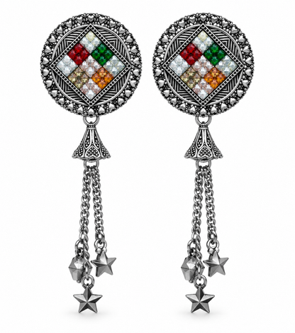 Oxidised Silver Multicolor Mosaic Chain Tassel Earrings with Star Charms for Women