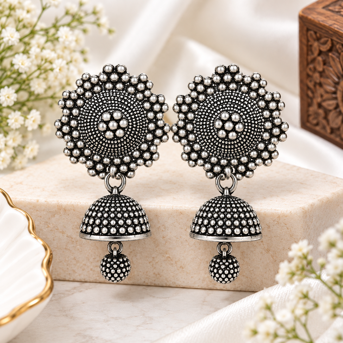 Oxidised Silver Floral Dome Jhumka Earrings with Hanging Bead for Women