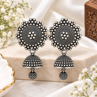 Oxidised Silver Floral Dome Jhumka Earrings with Hanging Bead for Women