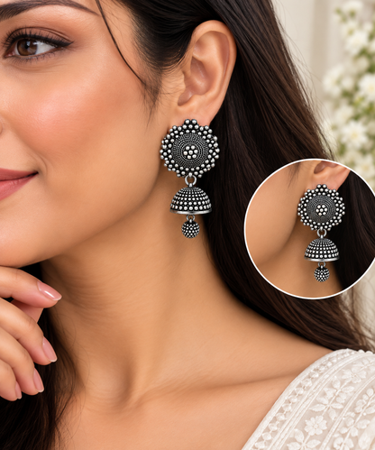 Oxidised Silver Floral Dome Jhumka Earrings with Hanging Bead for Women