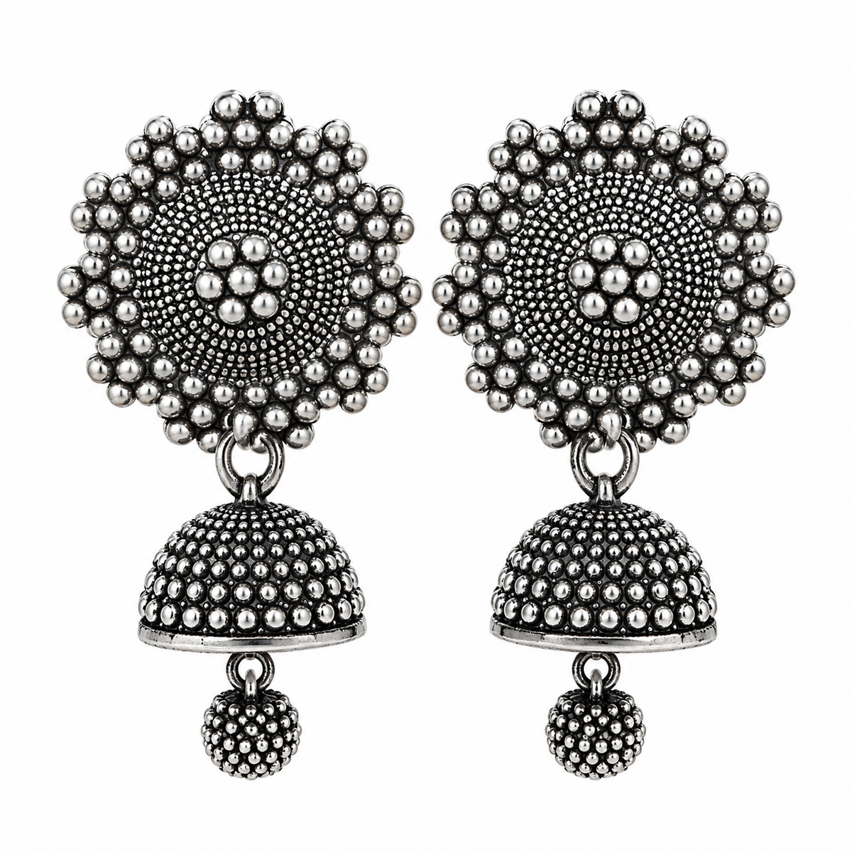 Oxidised Silver Floral Dome Jhumka Earrings with Hanging Bead for Women