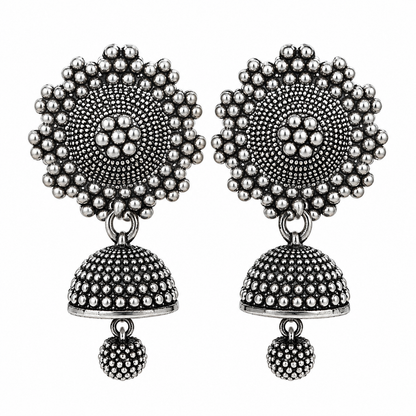 Oxidised Silver Floral Dome Jhumka Earrings with Hanging Bead for Women