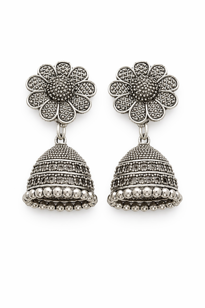 Oxidised Floral Jhumka Earrings for Women Antique Silver Dome Earrings
