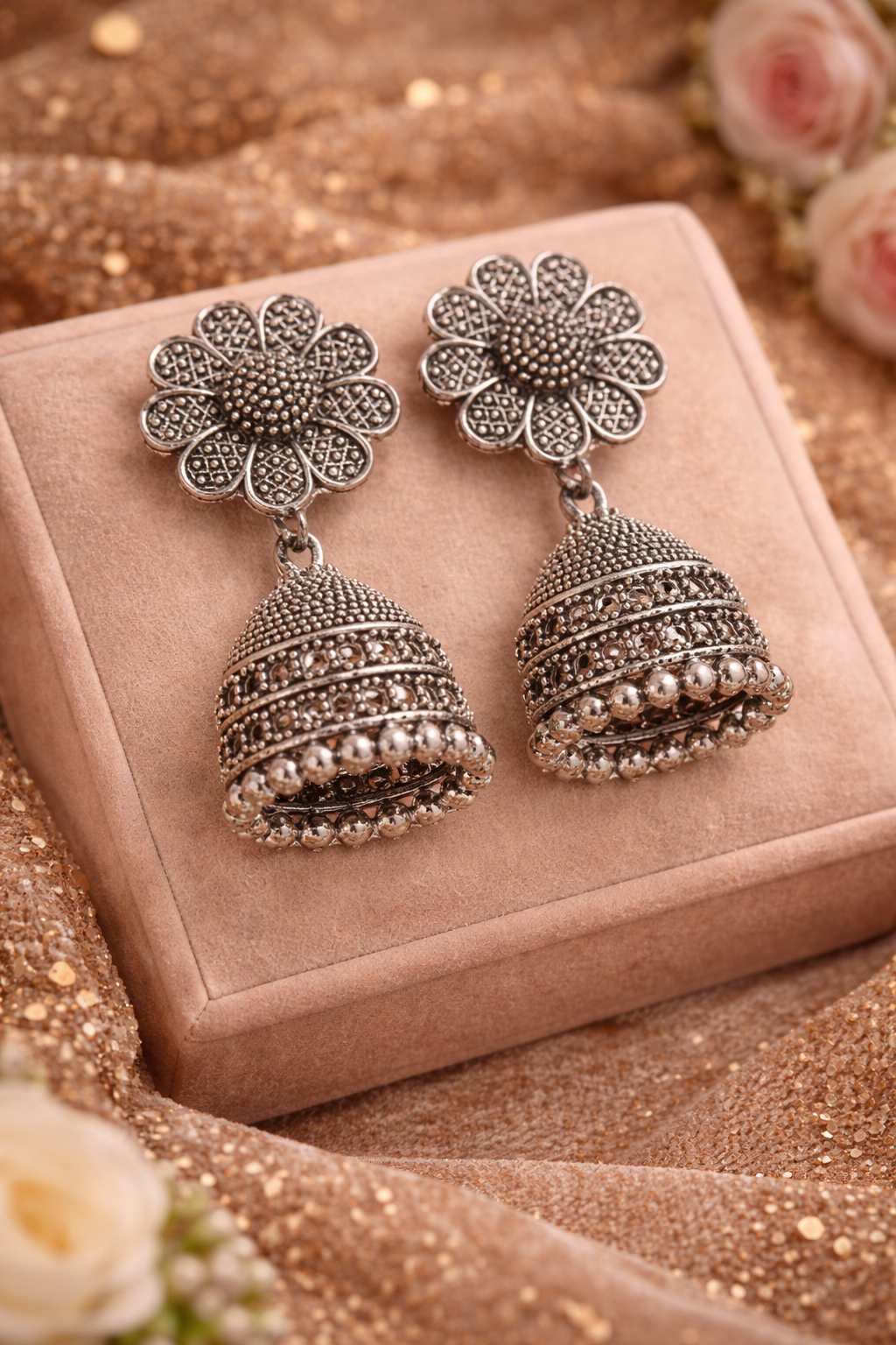 Oxidised Floral Jhumka Earrings for Women Antique Silver Dome Earrings