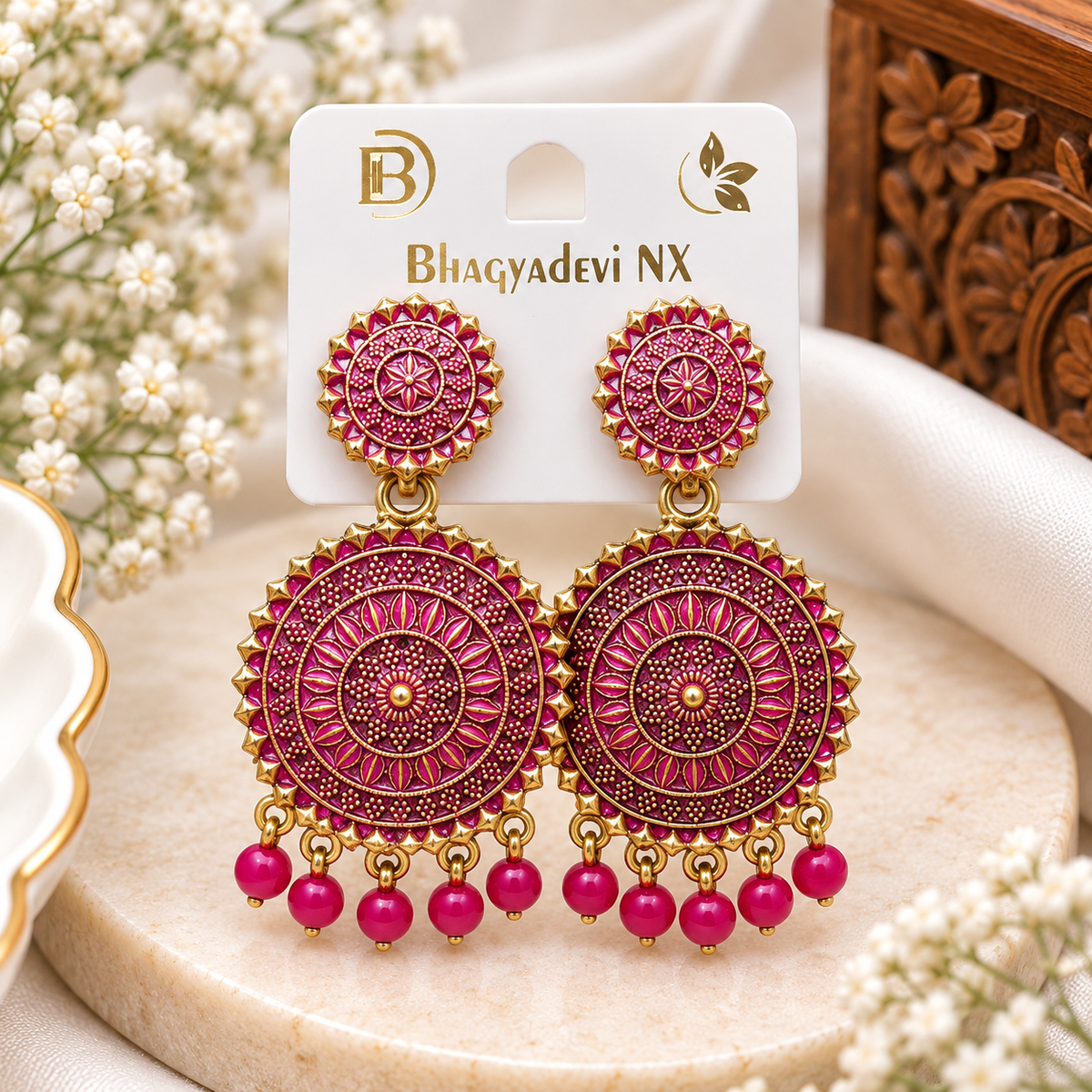 Rani Pink & Gold Mandala Statement Drop Earrings with Bead Charms for Women