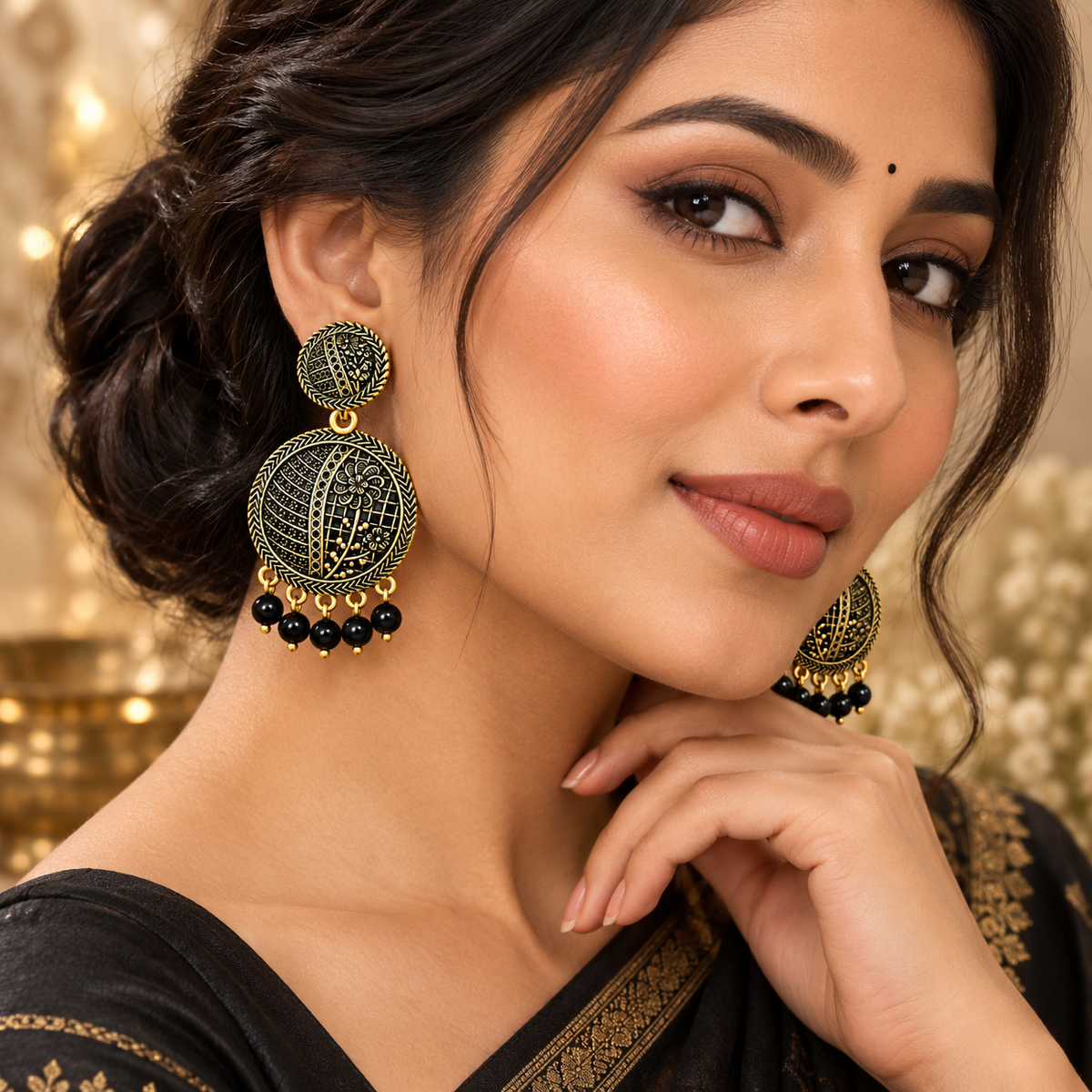 Antique Gold & Black Floral Round Drop Earrings with Bead Charms for Women