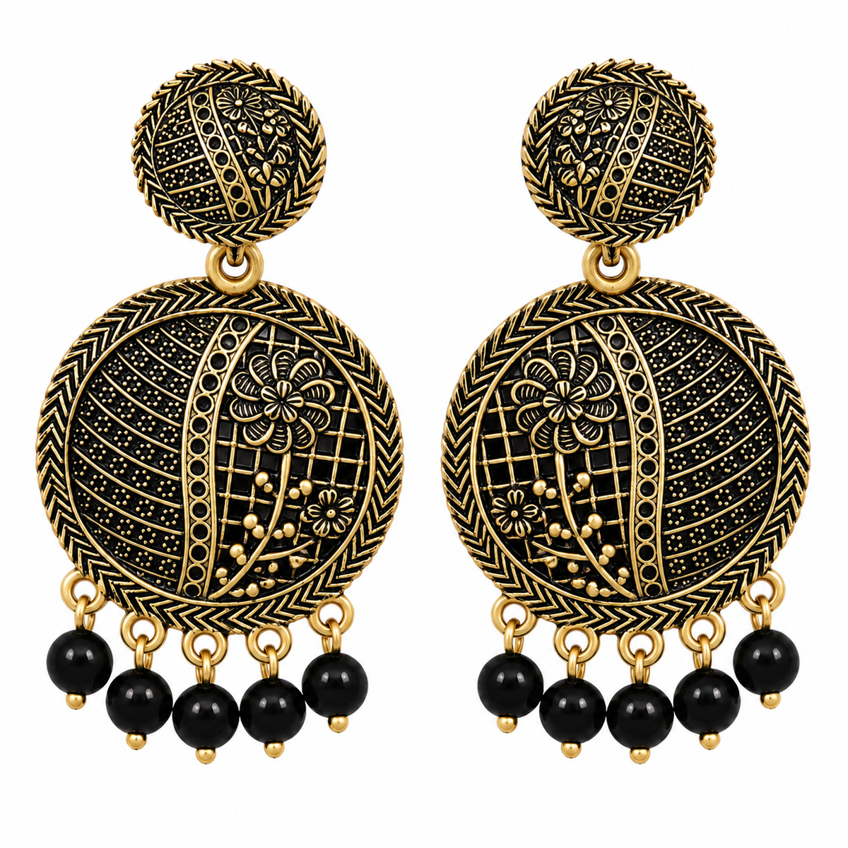 Antique Gold & Black Floral Round Drop Earrings with Bead Charms for Women