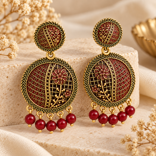 Antique Gold & Ruby Red Floral Round Drop Earrings with Bead Charms for Women