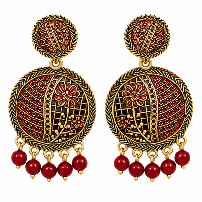 Antique Gold & Ruby Red Floral Round Drop Earrings with Bead Charms for Women