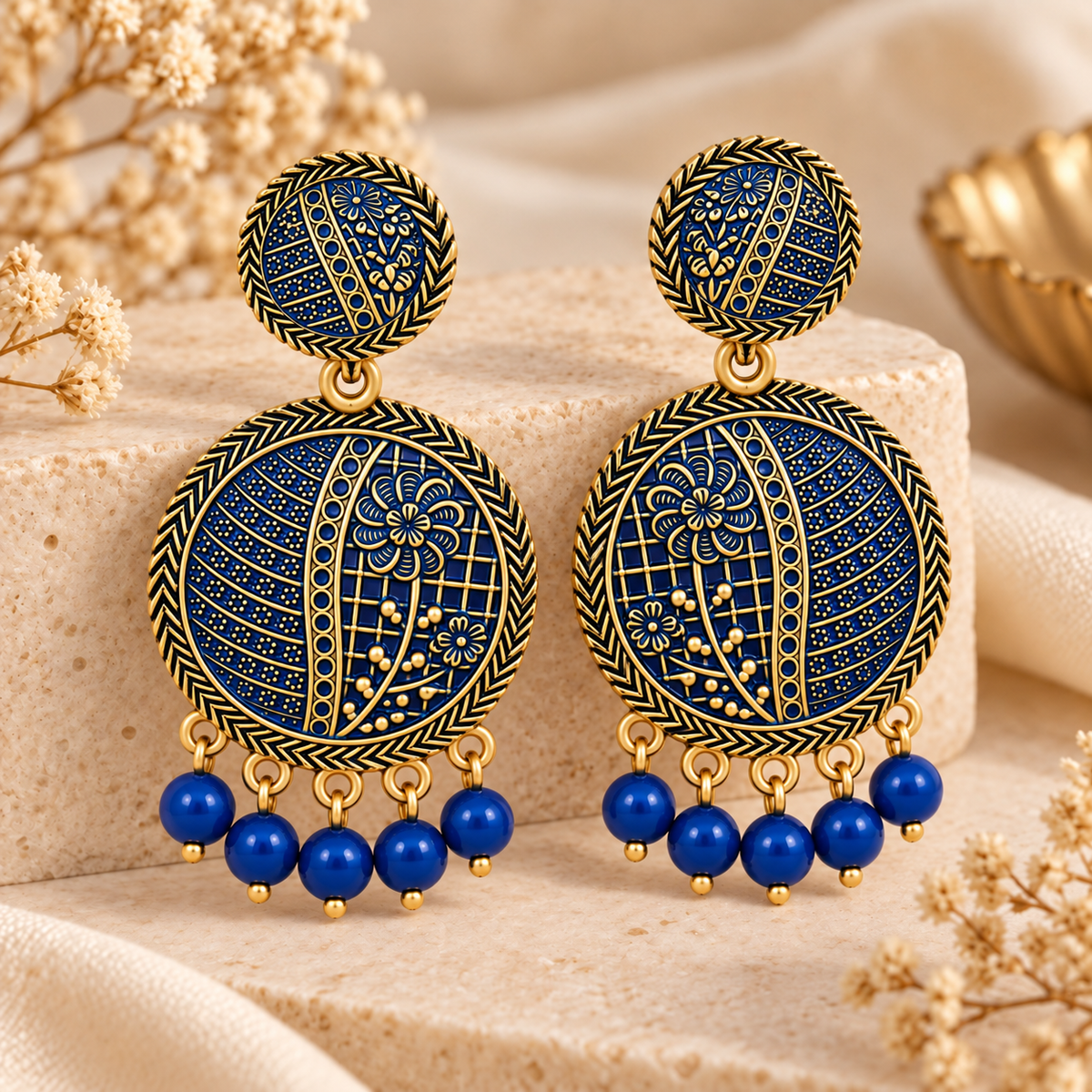 Royal Blue & Antique Gold Floral Round Drop Earrings with Bead Charms for Women