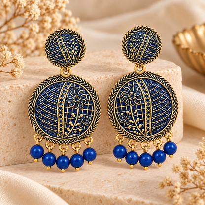Royal Blue & Antique Gold Floral Round Drop Earrings with Bead Charms for Women