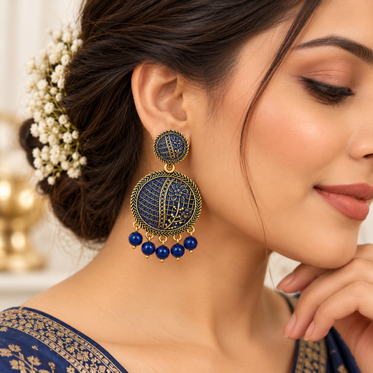 Royal Blue & Antique Gold Floral Round Drop Earrings with Bead Charms for Women