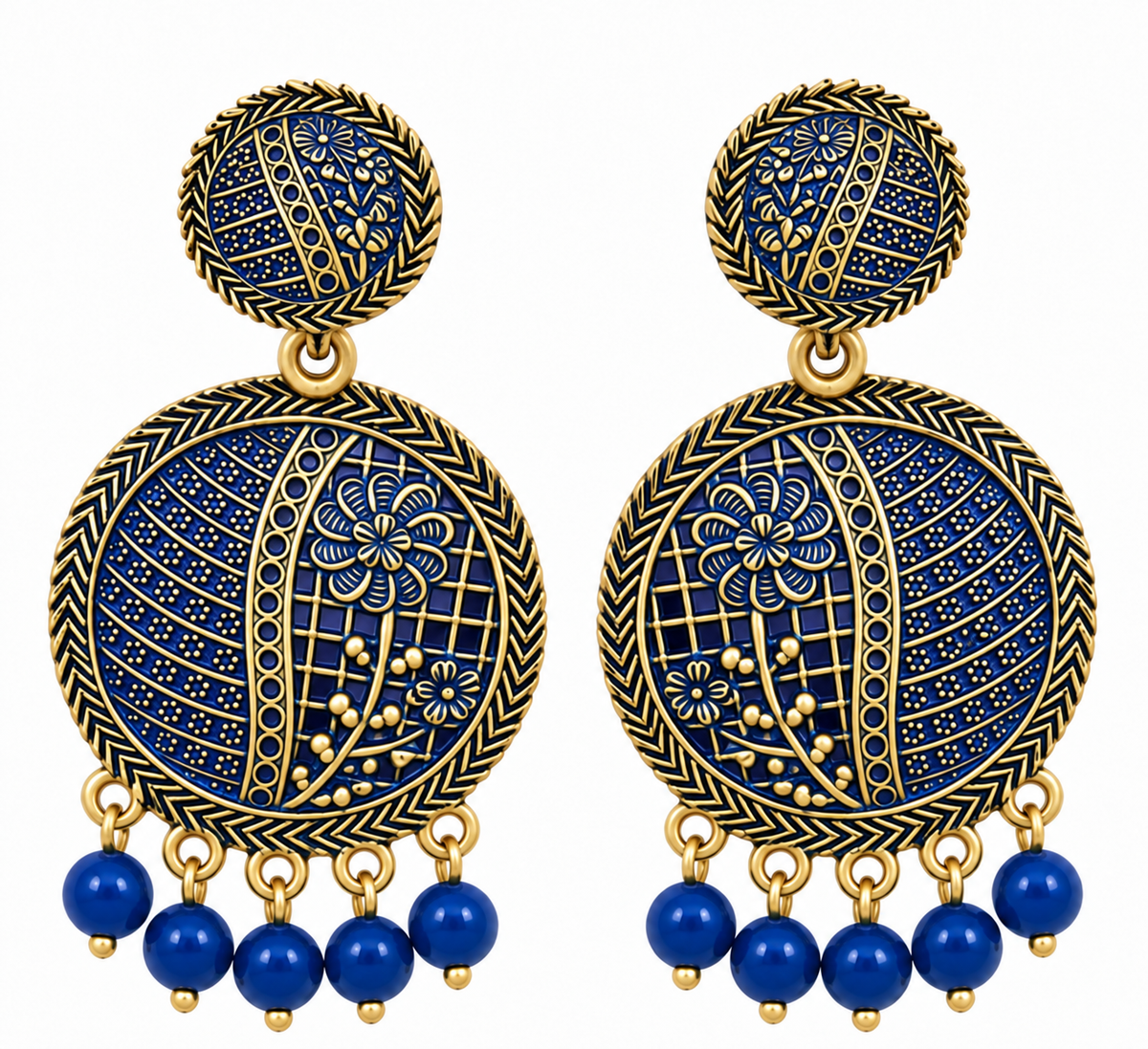 Royal Blue & Antique Gold Floral Round Drop Earrings with Bead Charms for Women