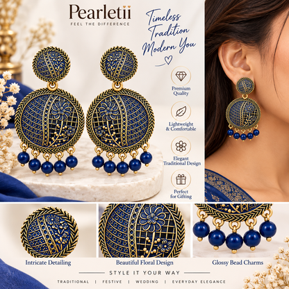 Royal Blue & Antique Gold Floral Round Drop Earrings with Bead Charms for Women