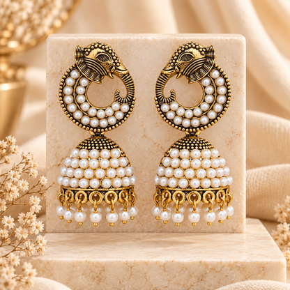 Antique Gold Elephant Pearl Jhumka Earrings for Women