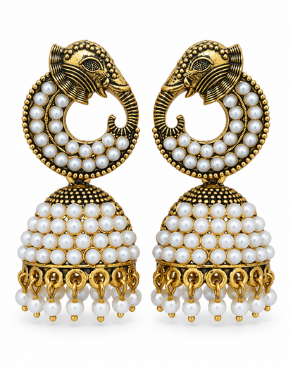 Antique Gold Elephant Pearl Jhumka Earrings for Women