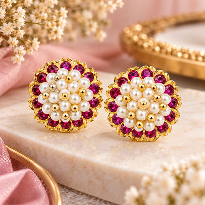 Rani Pink Stone & Pearl Floral Stud Earrings for Women