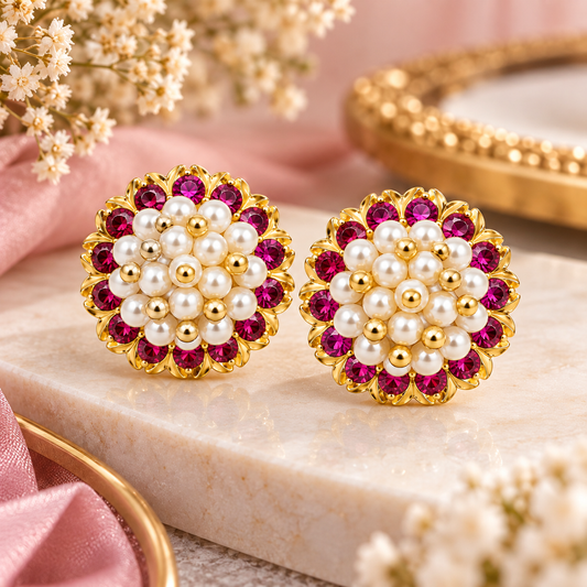 Rani Pink Stone & Pearl Floral Stud Earrings for Women