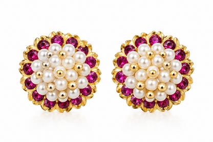 Rani Pink Stone & Pearl Floral Stud Earrings for Women