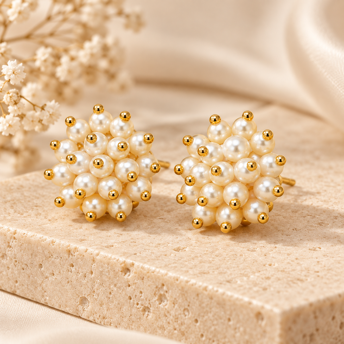 Pearl Cluster Floral Stud Earrings with Gold Bead Accents for Women
