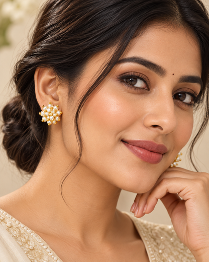 Pearl Cluster Floral Stud Earrings with Gold Bead Accents for Women