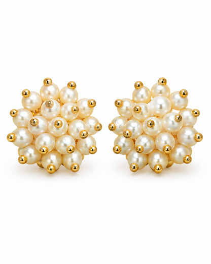 Pearl Cluster Floral Stud Earrings with Gold Bead Accents for Women