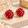 Ruby Red Crystal Cluster Stud Earrings with Gold Bead Accents for Women