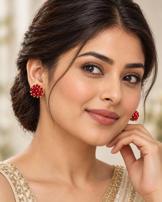 Ruby Red Crystal Cluster Stud Earrings with Gold Bead Accents for Women