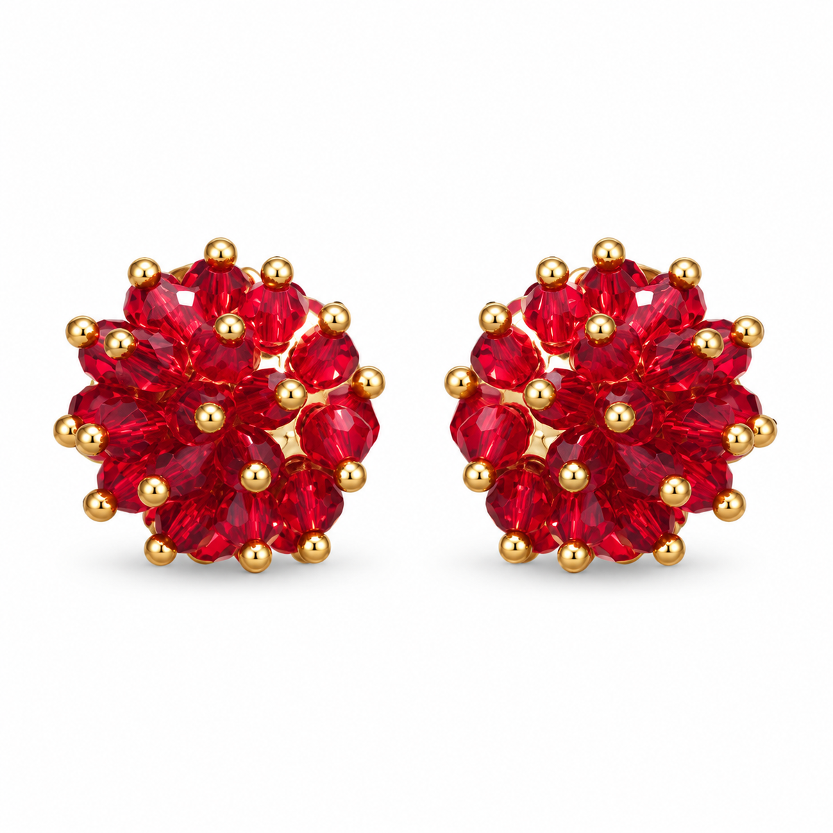 Ruby Red Crystal Cluster Stud Earrings with Gold Bead Accents for Women