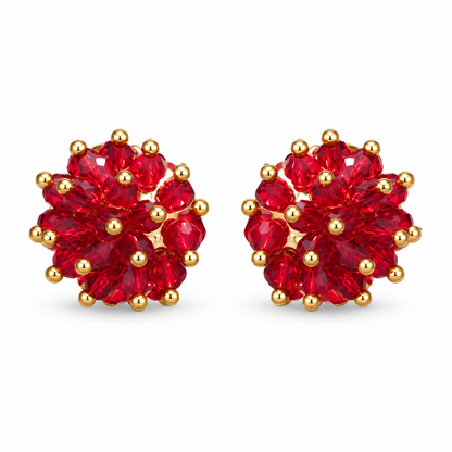 Ruby Red Crystal Cluster Stud Earrings with Gold Bead Accents for Women